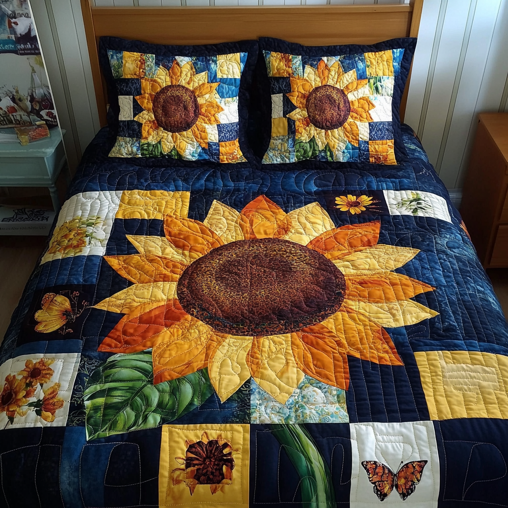 Vibrant Sunflower 3-Piece Quilted Bedding Set - Single (59" x 70")
