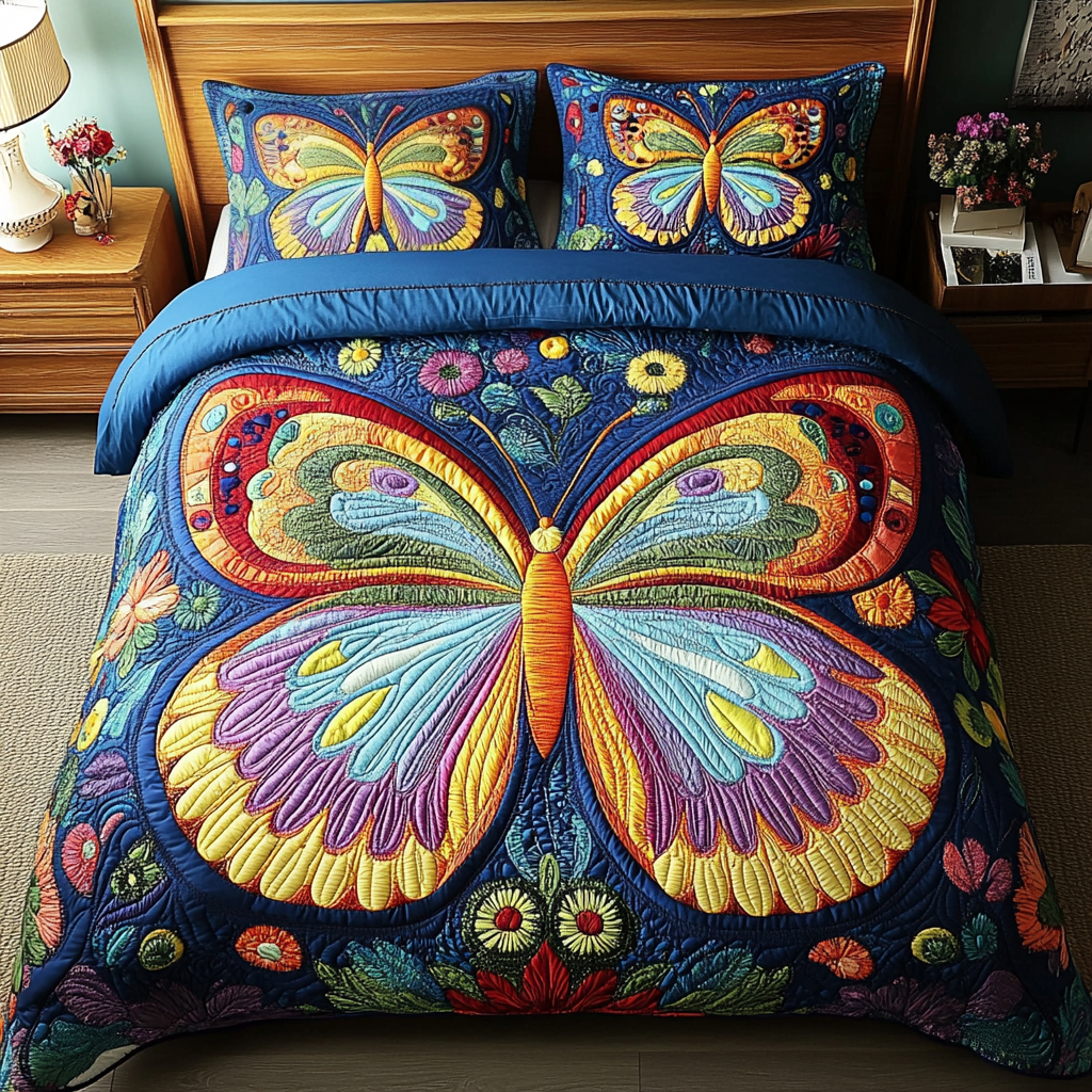 Vibrant Butterfly Dreams 3-Piece Quilted Bedding Set - Single (59" x 70")