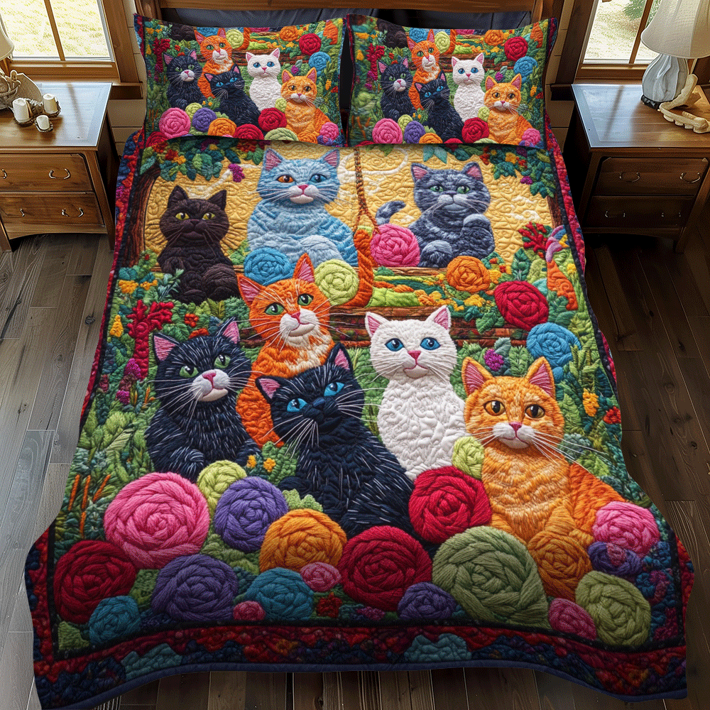 Vibrant Cats And Yarn 3-Piece Quilted Bedding Set - Single (59" x 70")
