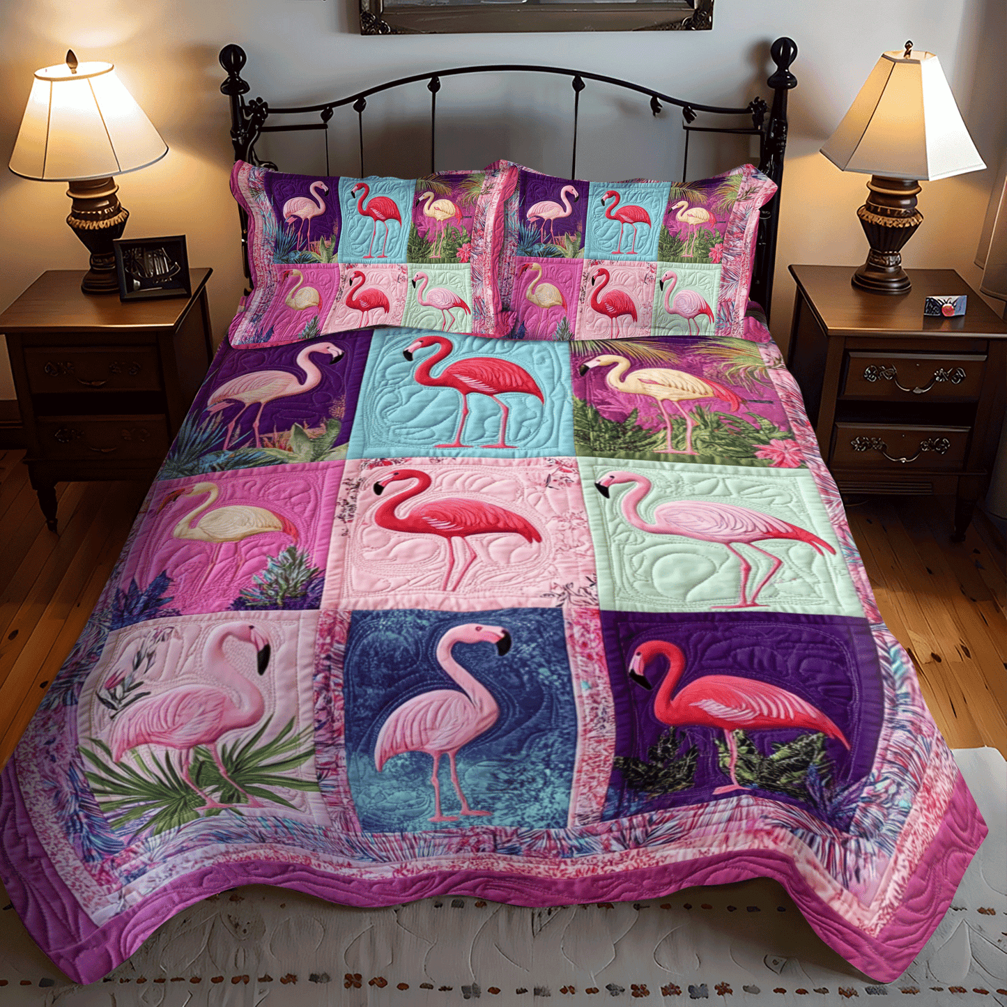 Vibrant Flamingo Tropics 3-Piece Quilted Bedding Set - Single (59" x 70")