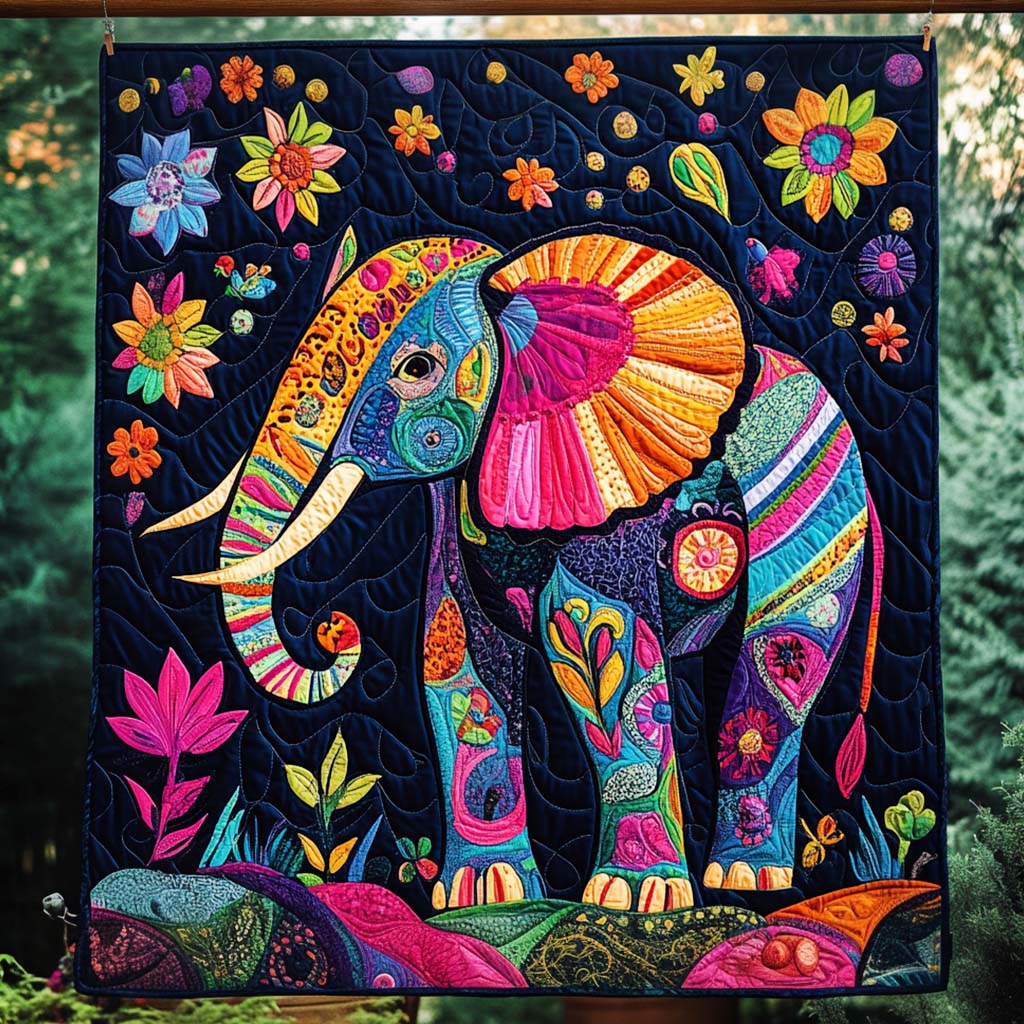 Vibrant Floral Elephant Quilted Blanket - Throw (55" x 60")