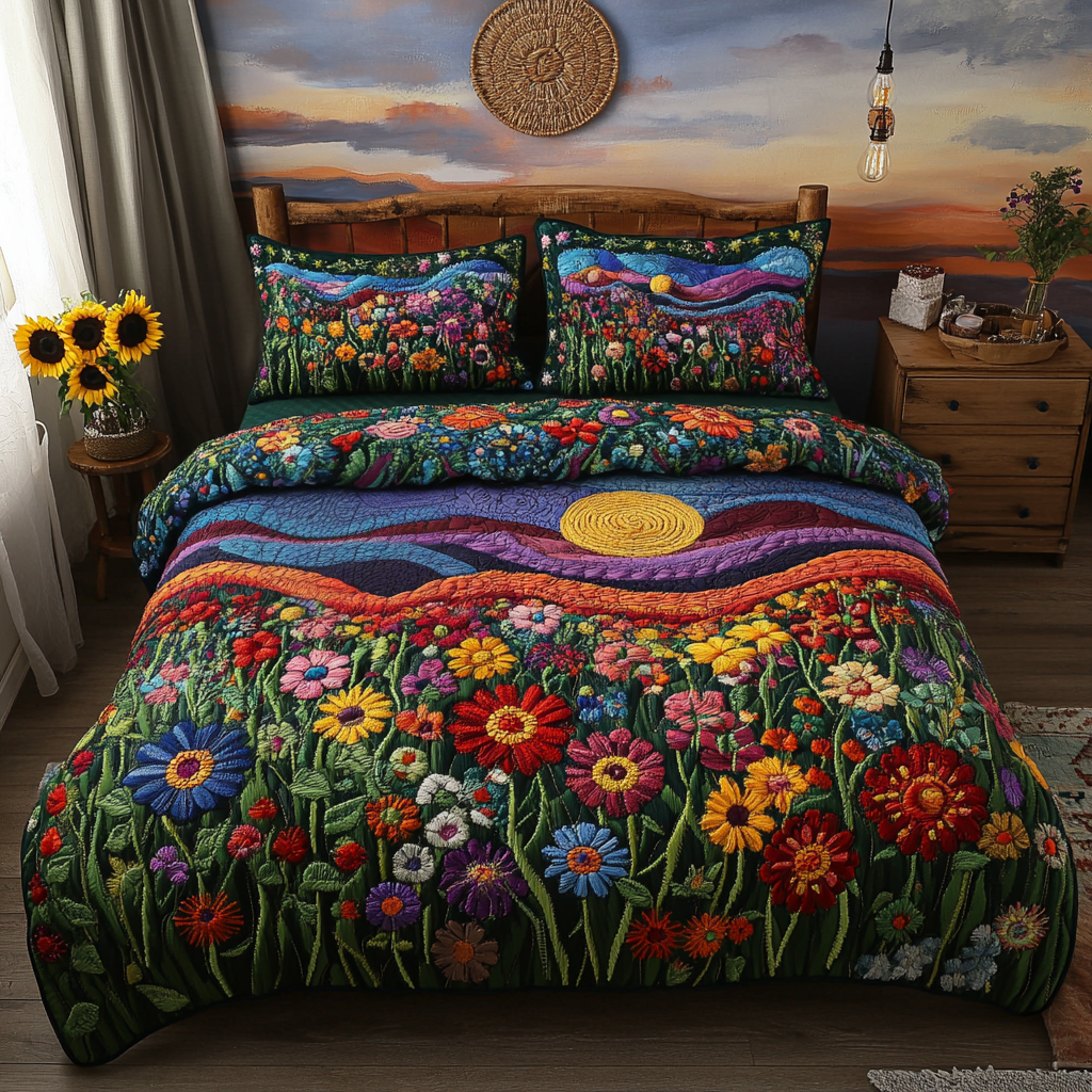 Vibrant Meadows 3-Piece Quilted Bedding Set - Single (59" x 70")