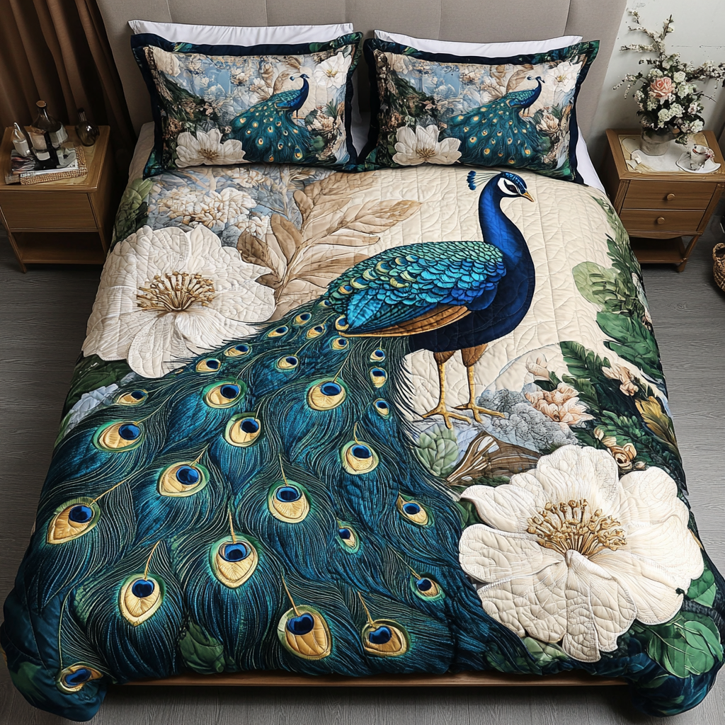 Vibrant Peacock Bliss 3-Piece Quilted Bedding Set - Single (59" x 70")