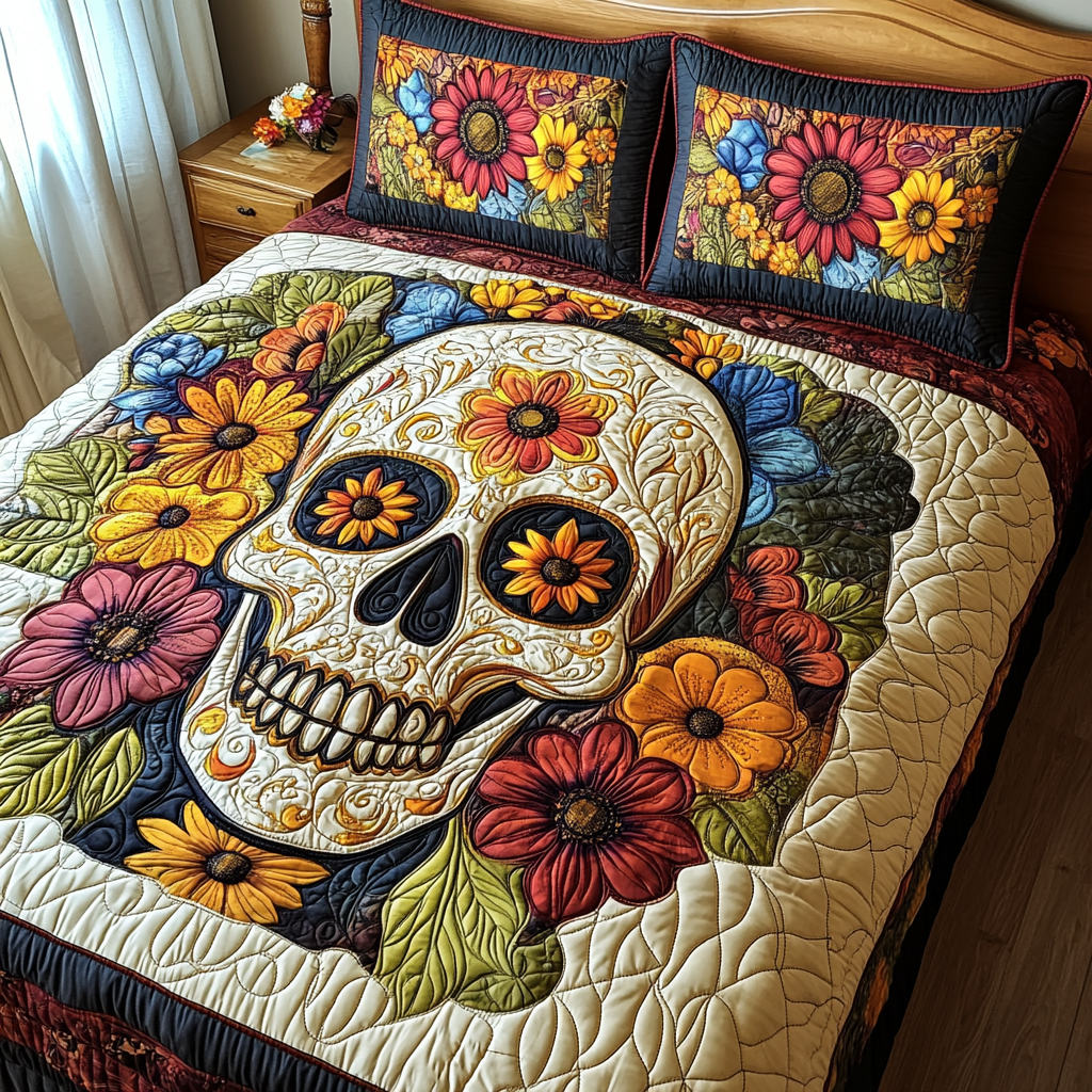 Vibrant Skull 3-Piece Quilted Bedding Set - Single (59" x 70")