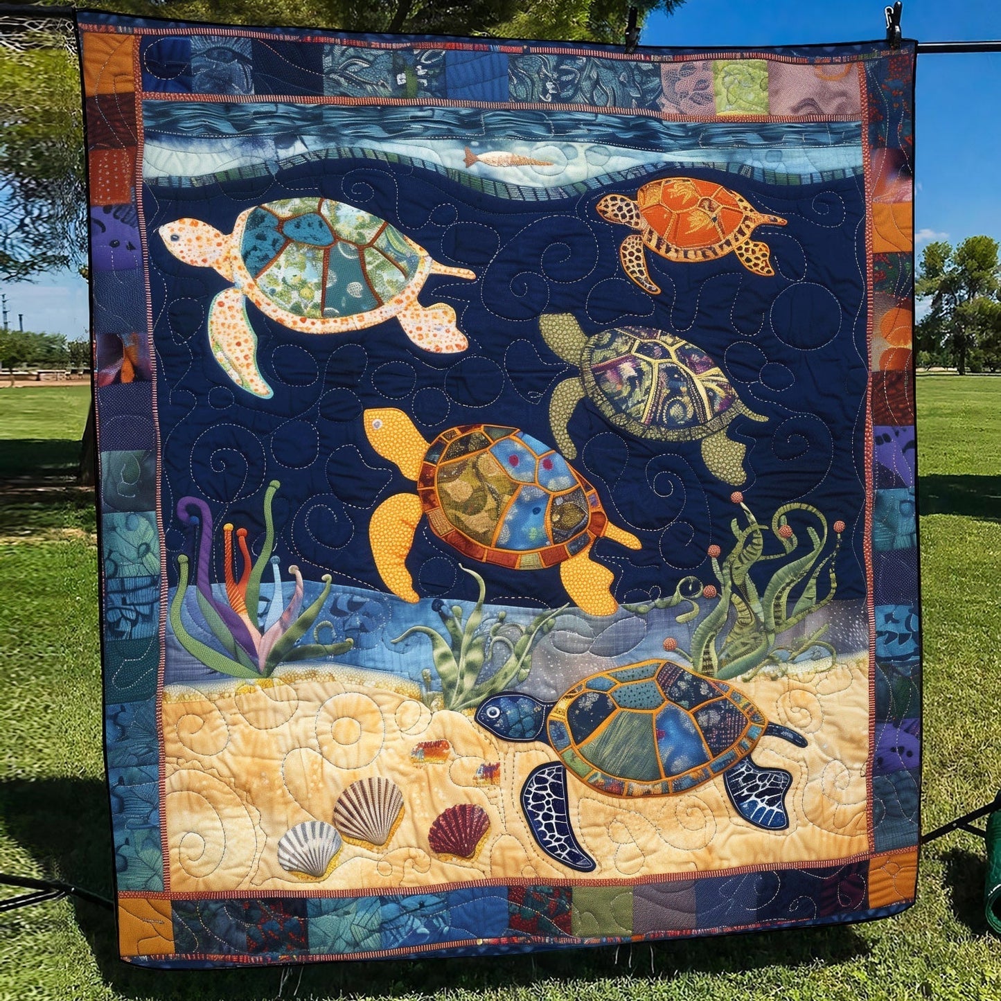 Vibrant Turtle Night Quilted Blanket - Throw (55" x 60")