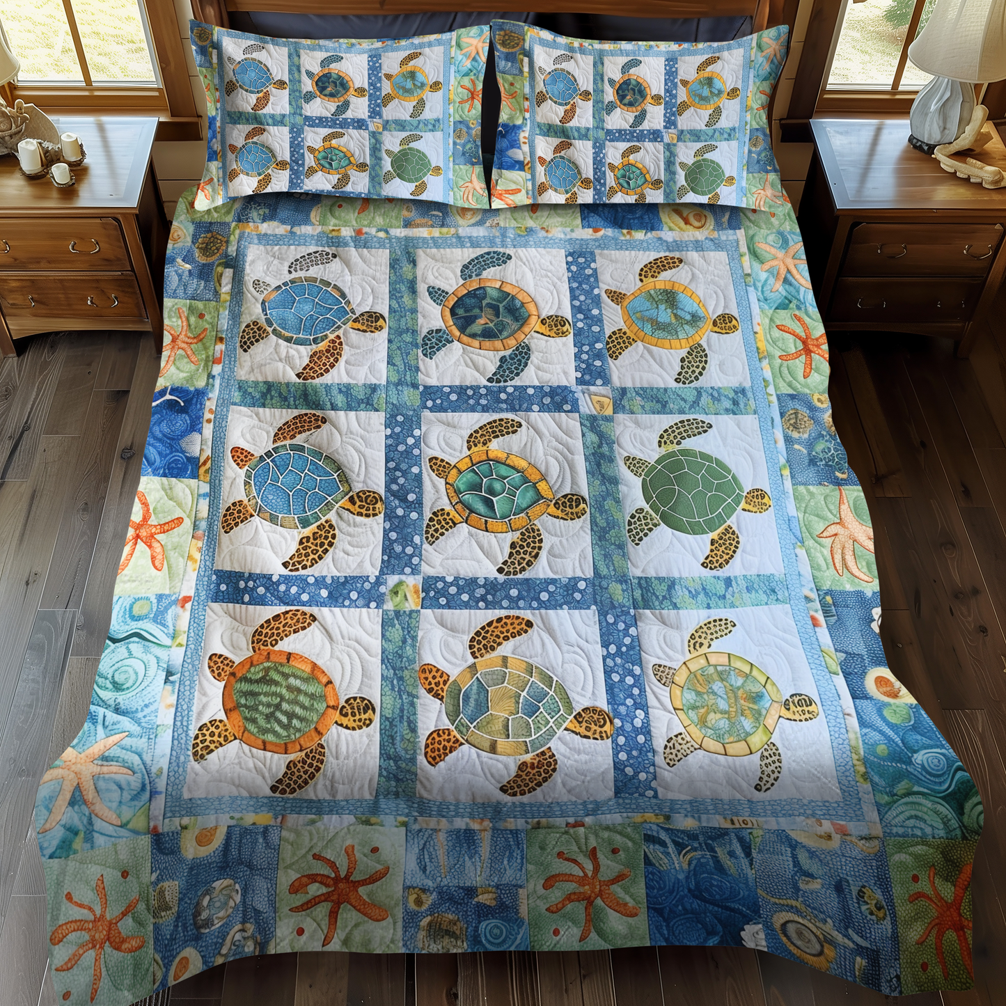 Vibrant Turtles 3-Piece Quilted Bedding Set - Single (59" x 70")