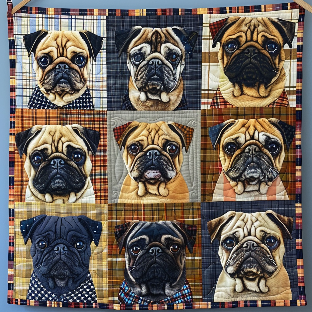 Vintage Pug Art Quilted Blanket - Throw (55" x 60")