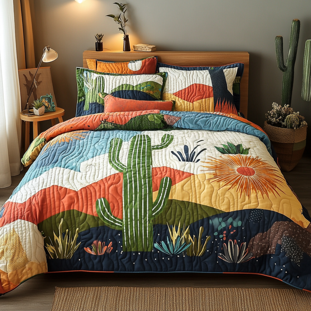 Vivid Cactus Haven 3-Piece Quilted Bedding Set - Single (59" x 70")