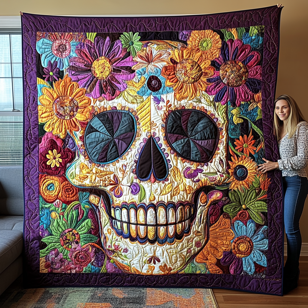 Vivid Floral Skull Quilted Blanket - Throw (55" x 60")