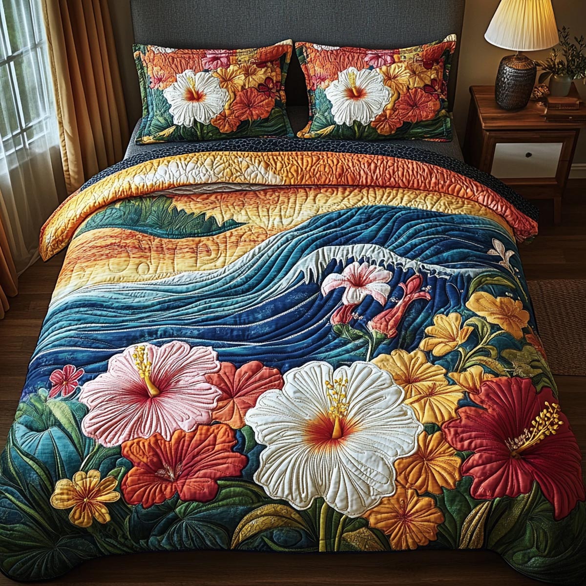 Warm Hibiscus 3-Piece Quilted Bedding Set - Single (59" x 70")