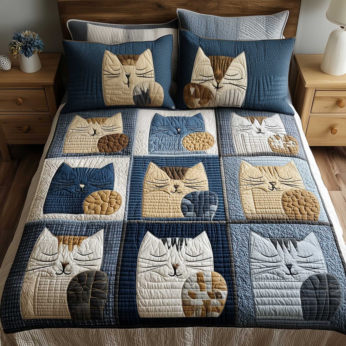 Warm Tones Cat 3-Piece Quilted Bedding Set - Single (59" x 70")