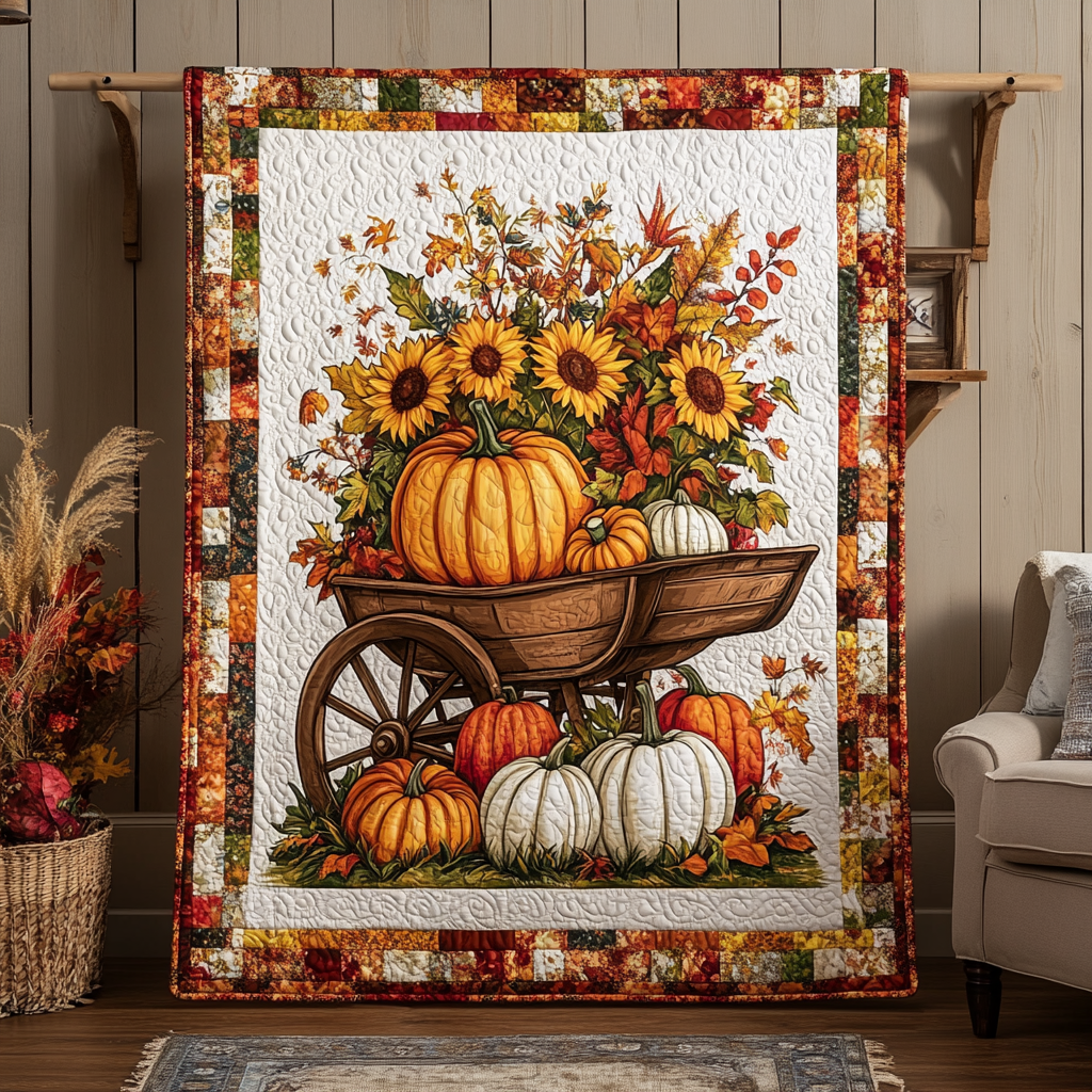 Wheelbarrow Havest Time Quilted Blanket - Throw (55" x 60")