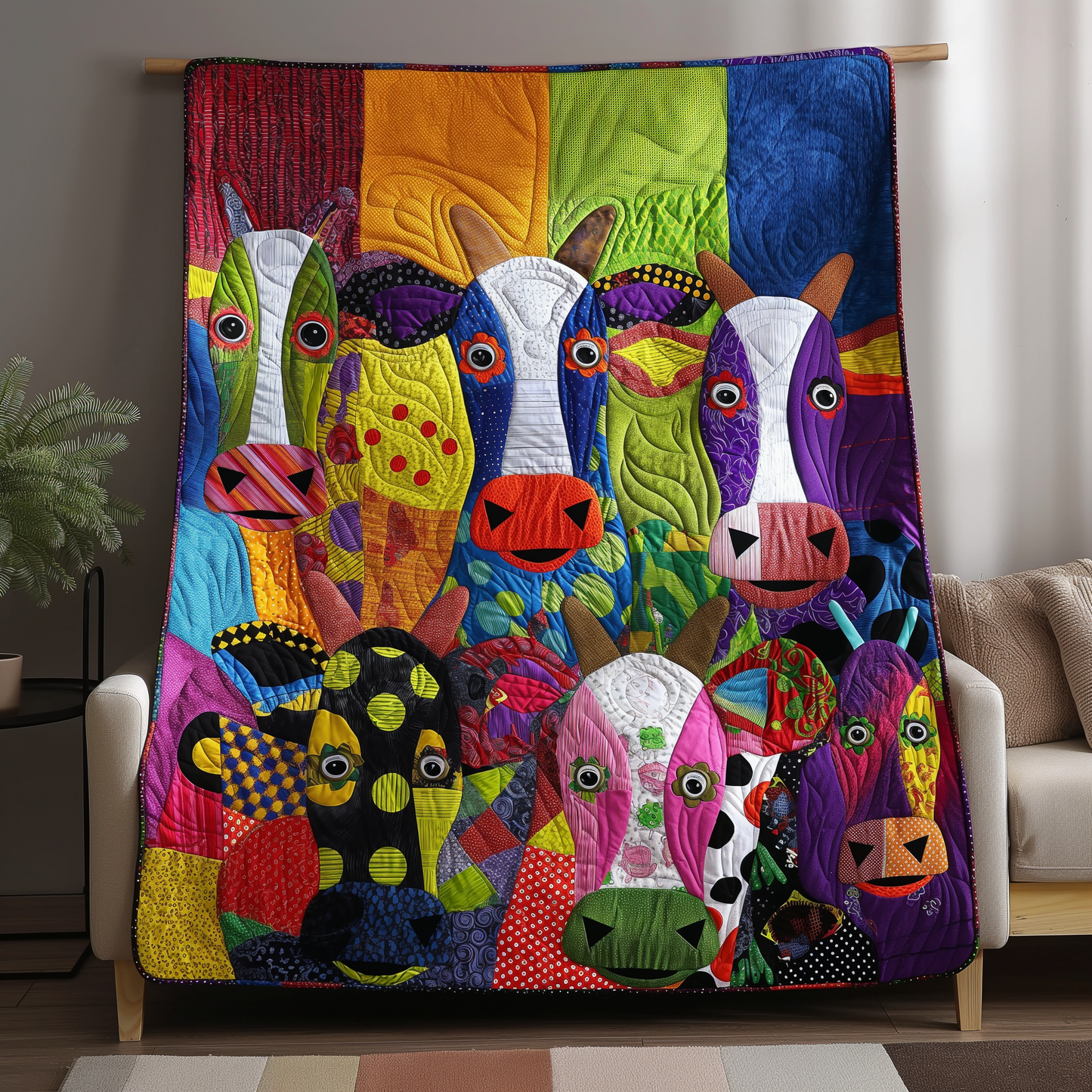 Whimsical Cow Patchwork Quilted Blanket - Throw (55" x 60")