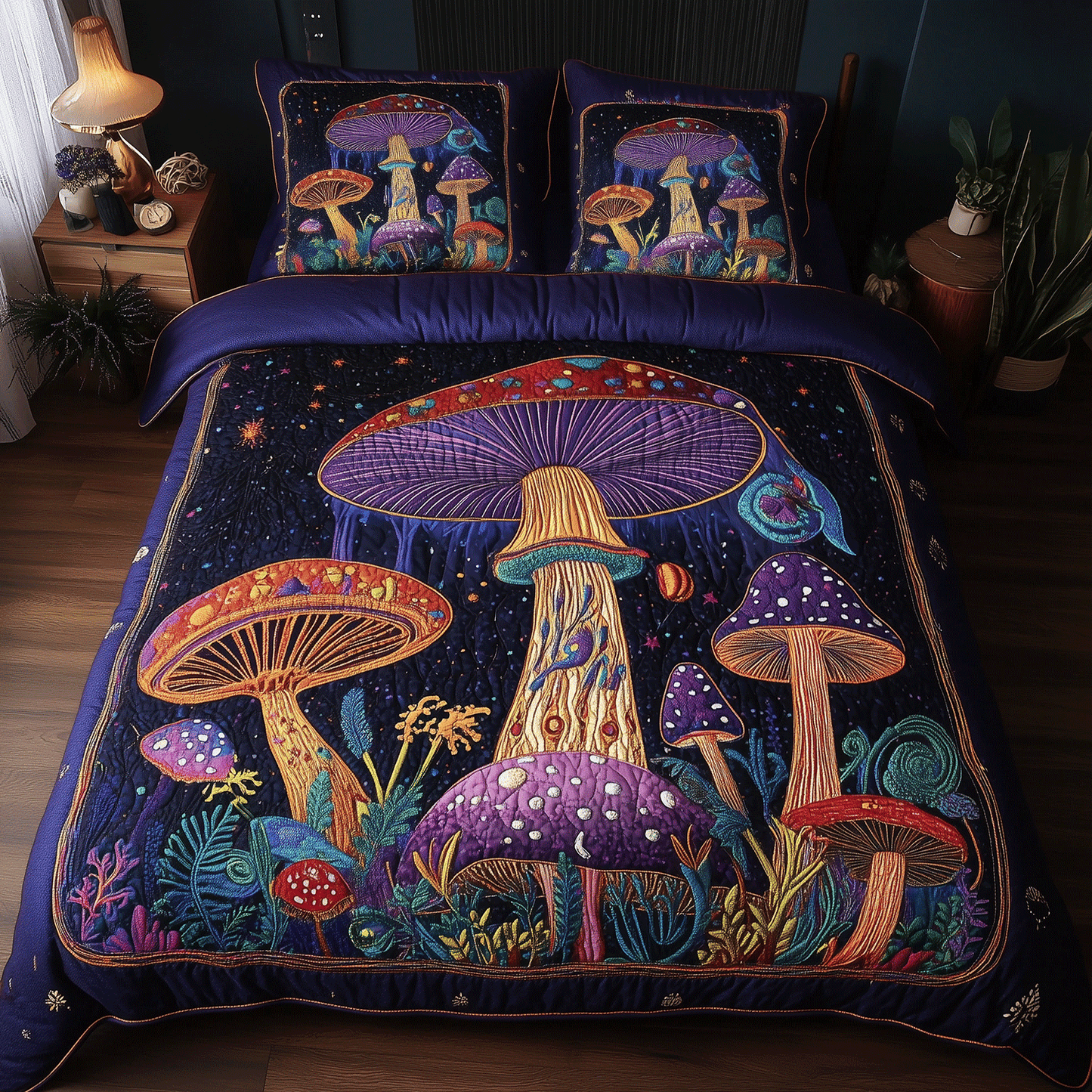 Whimsical Mushroom Magi 3-Piece Quilted Bedding Set - Single (59" x 70")