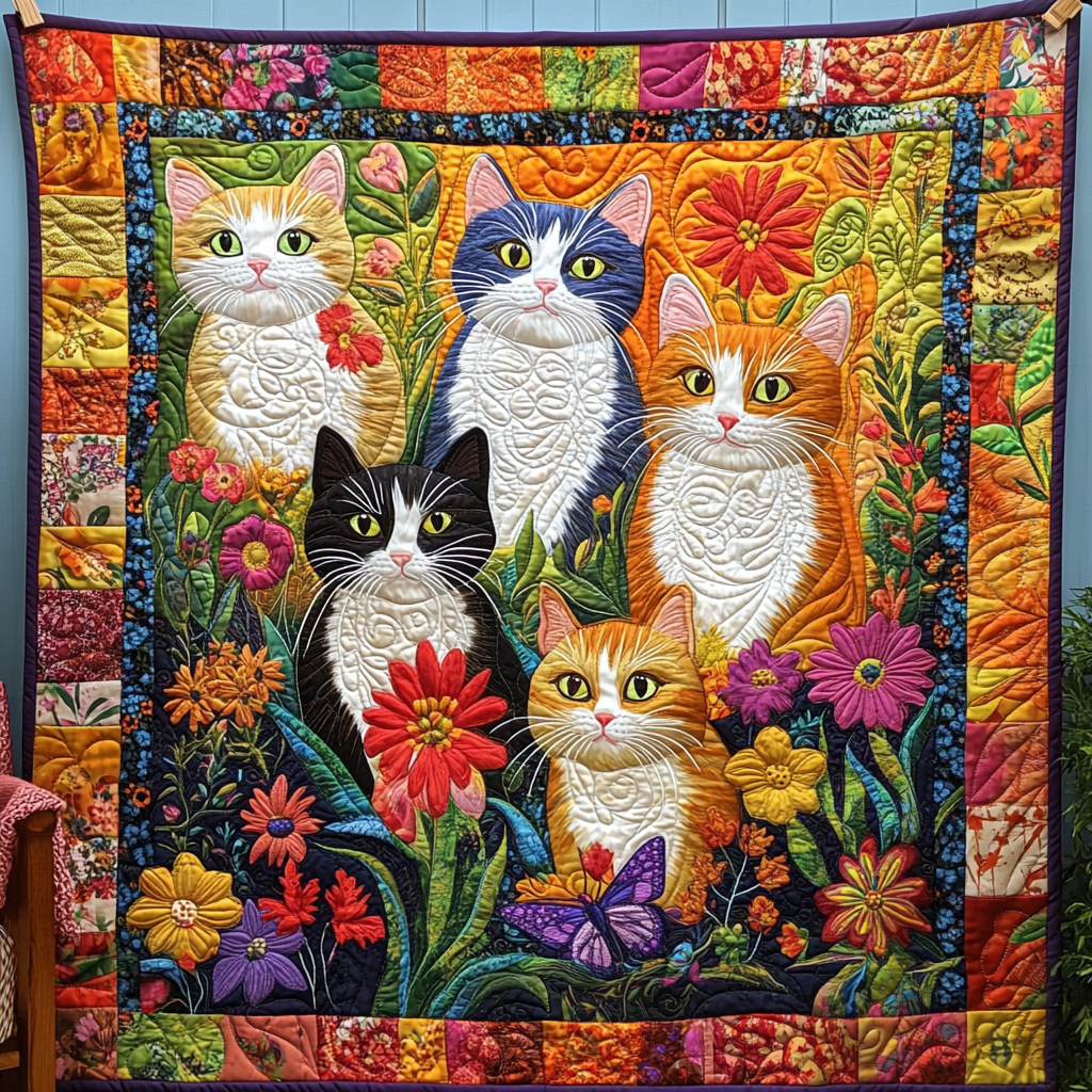 Whimsical Cat Quilted Blanket - Throw (55" x 60")