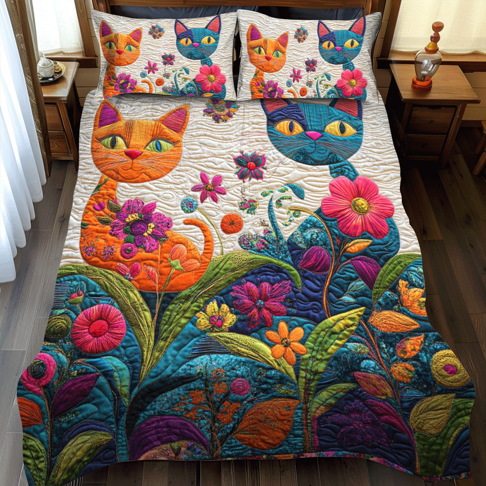 Whimsical Fantasy Cat 3-Piece Quilted Bedding Set - Single (59" x 70")