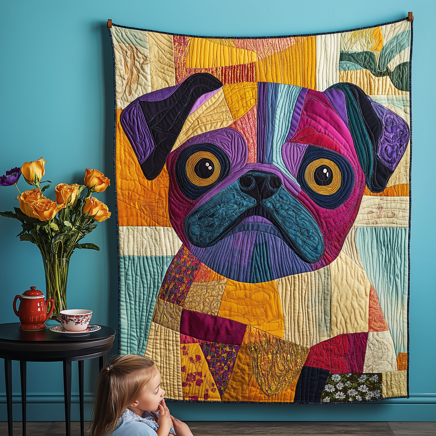 Whimsical Pug Quilted Blanket - Throw (55" x 60")