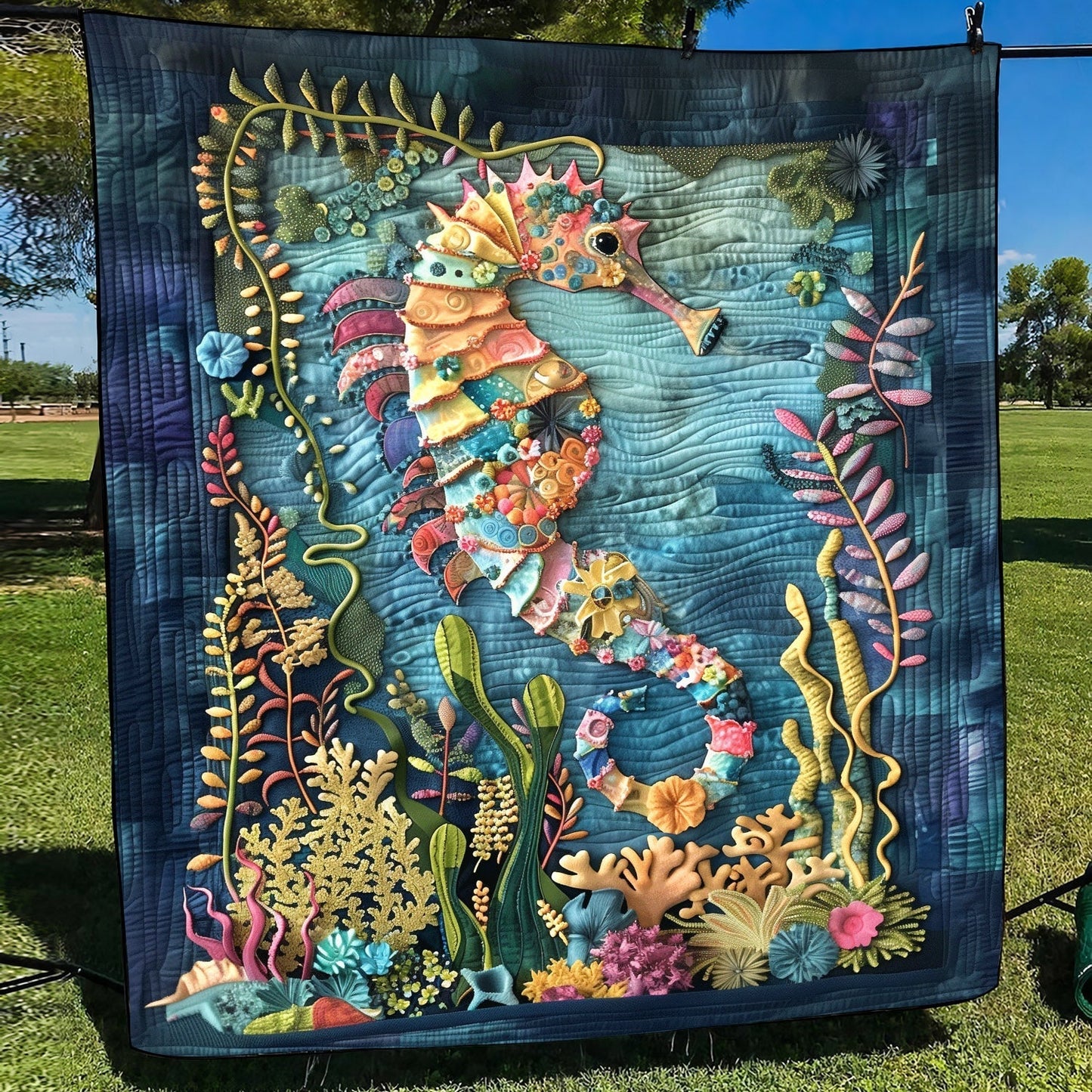Whimsical Seahorse Quilted Blanket - Throw (55" x 60")