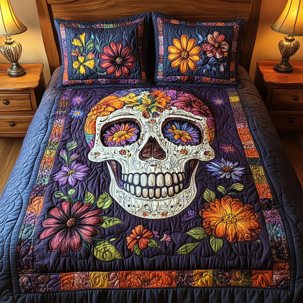 Whimsical Skull 3-Piece Quilted Bedding Set - Single (59" x 70")
