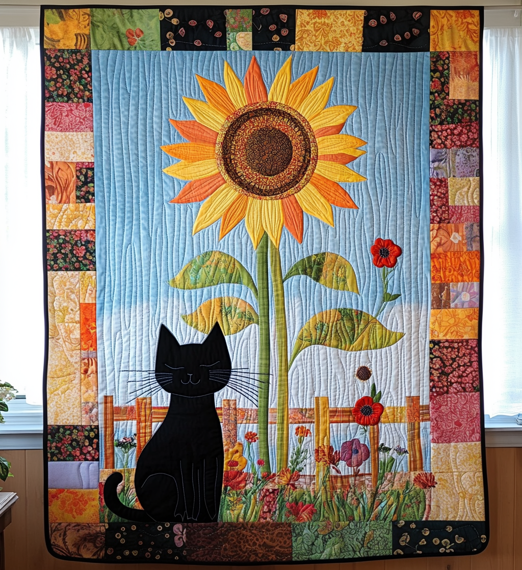 Whimsical Sunflower Kitten Quilted Blanket - Throw (55" x 60")