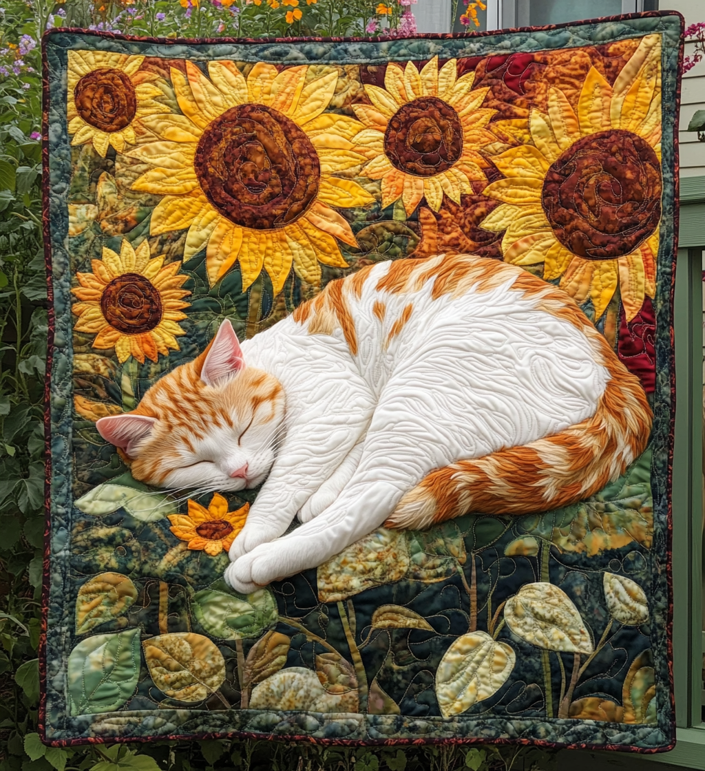 Whimsical Sunflower Kitten Quilted Blanket - Throw (55" x 60")