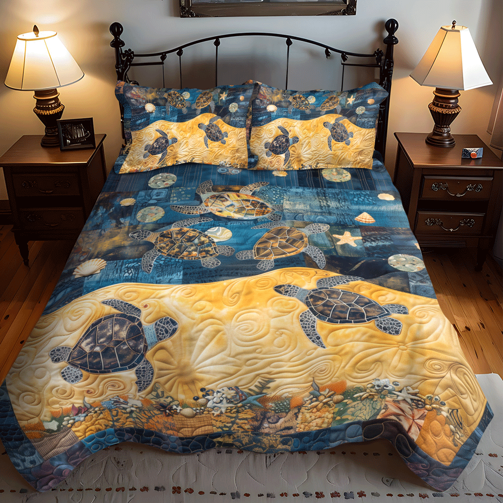 Whimsical Turtle Sea 3-Piece Quilted Bedding Set - Single (59" x 70")