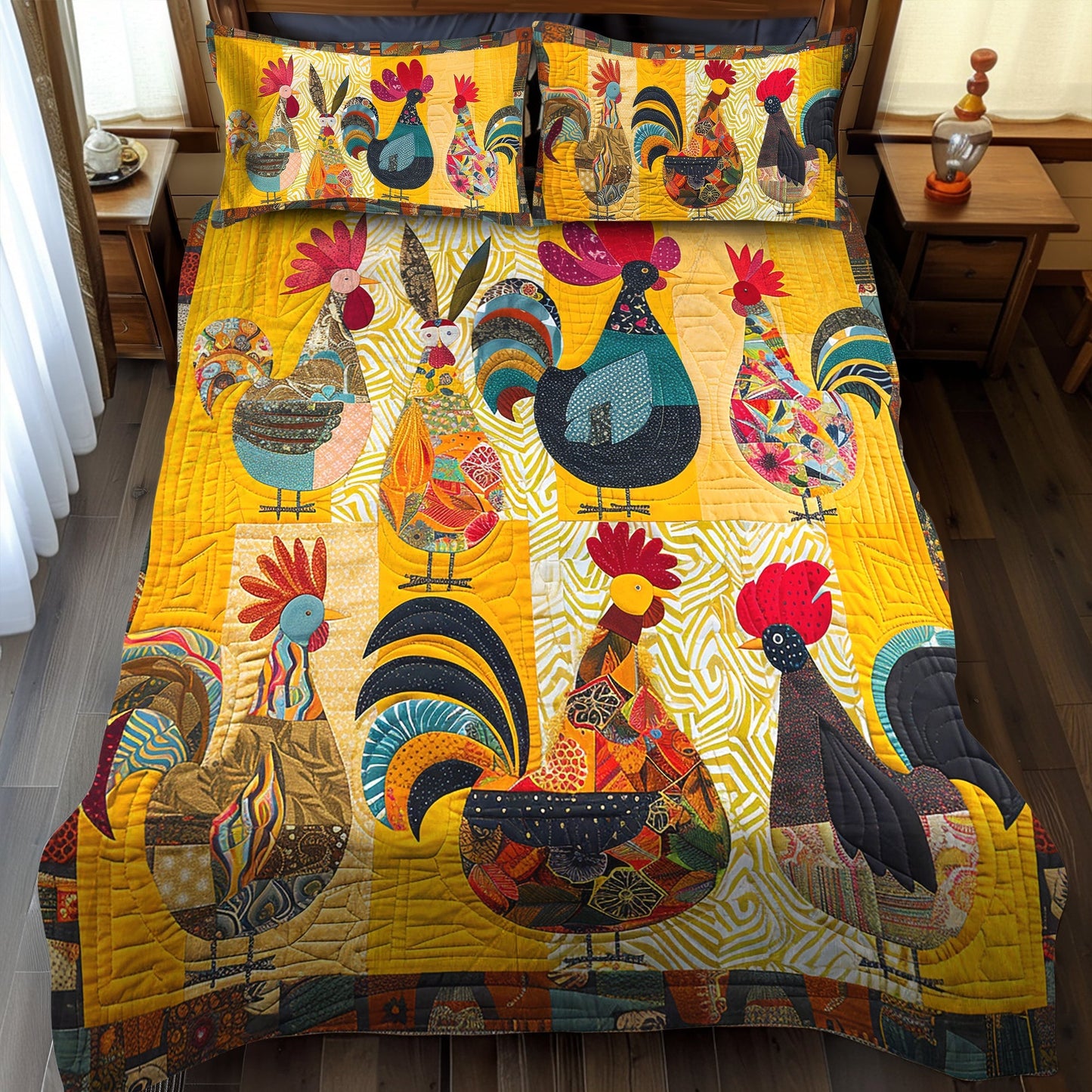 Whimsy Rooster 3-Piece Quilted Bedding Set - Single (59" x 70")