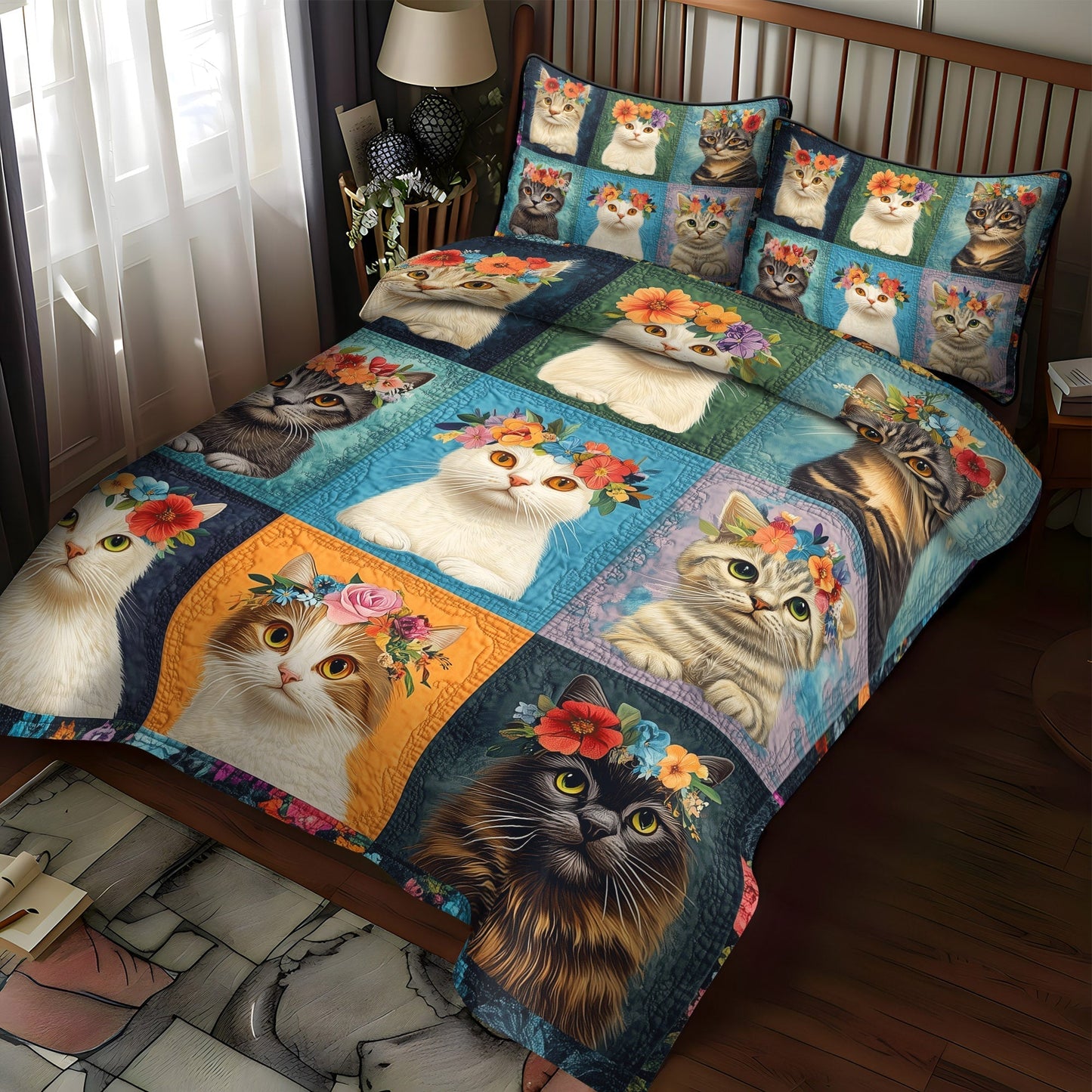 Whiskers and Flowers 3-Piece Quilted Bedding Set - Single (59" x 70")
