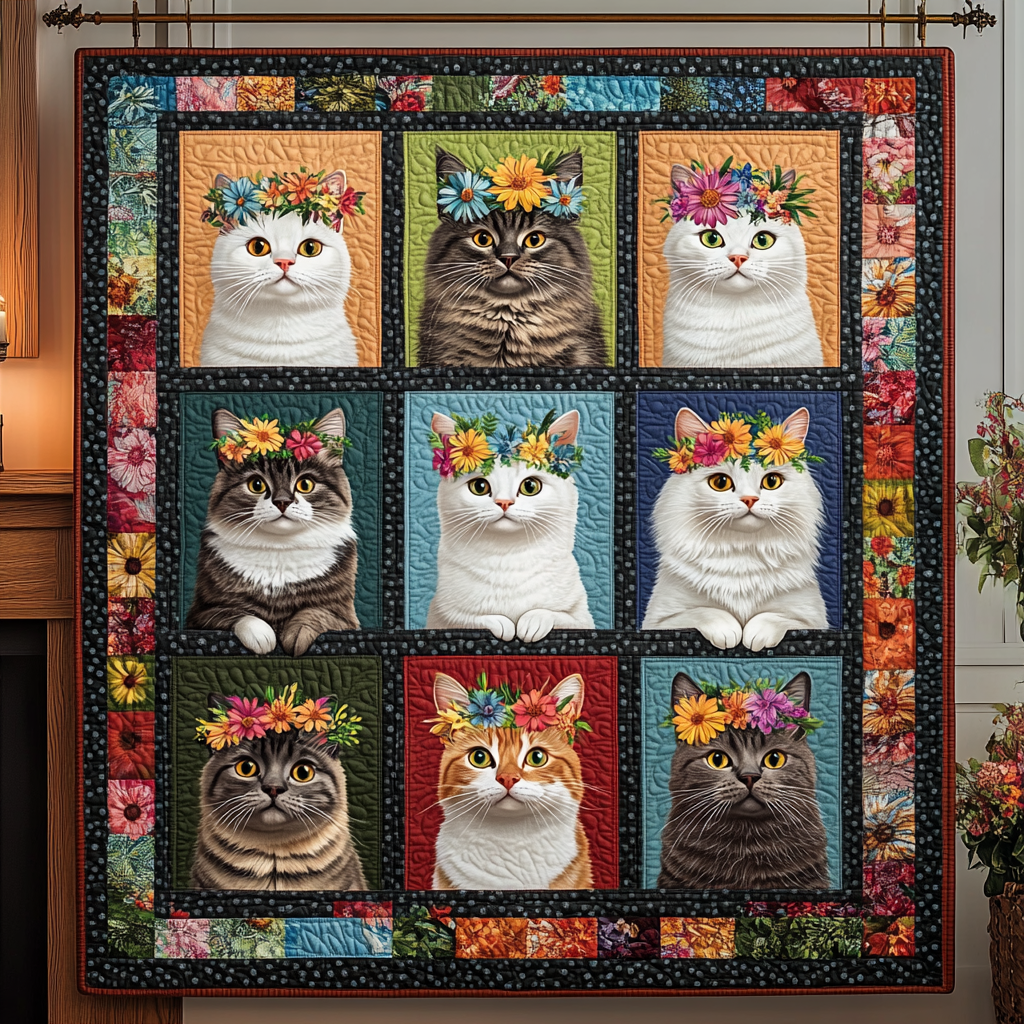 Whiskers and Flowers Quilted Blanket - Throw (55" x 60")
