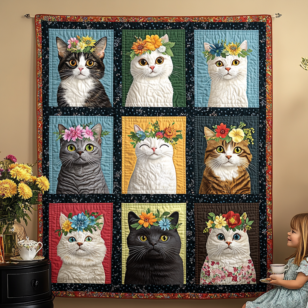 Whiskers and Wreaths Quilted Blanket - Throw (55" x 60")