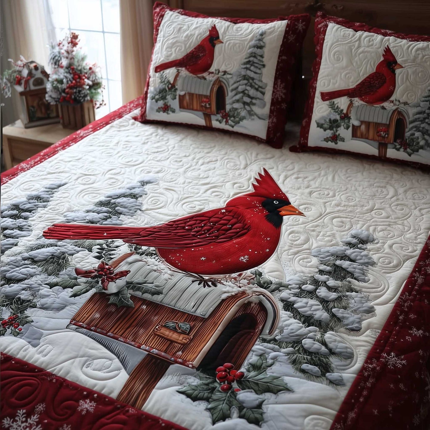 Whispering Cardinal 3-Piece Quilted Bedding Set - Single (59" x 70")