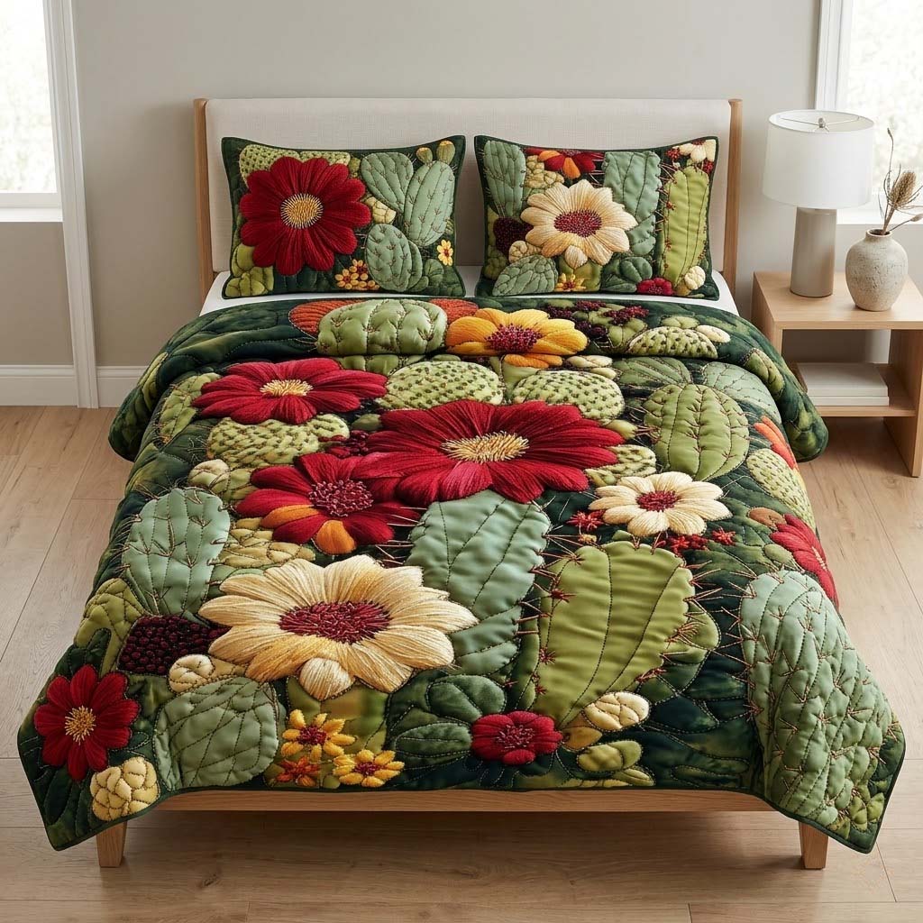 Wild Bloom Cactus 3-Piece Quilted Bedding Set - Single (59" x 70")