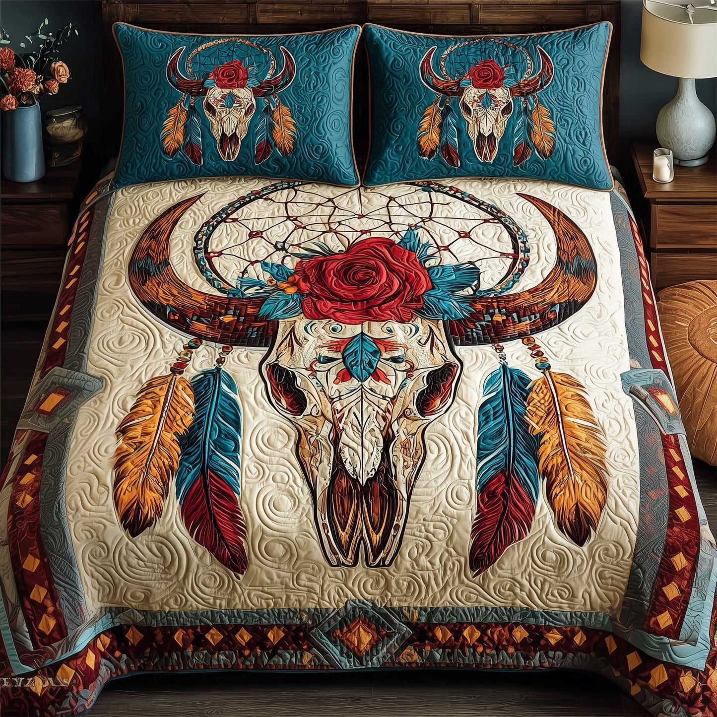 Wild Rose Horned Skull 3-Piece Quilted Bedding Set - Single (59" x 70")