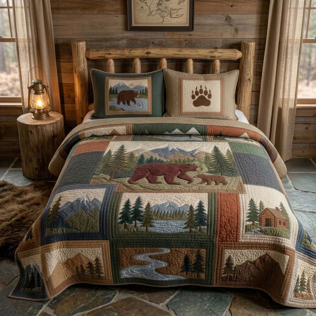 Wilderness Bear Retreat 3-Piece Quilted Bedding Set - Single (59" x 70")
