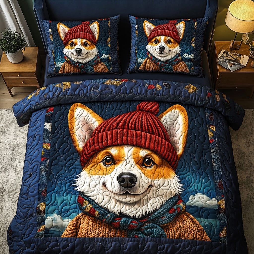 Winter Corgi Snuggles 3-Piece Quilted Bedding Set - Single (59" x 70")