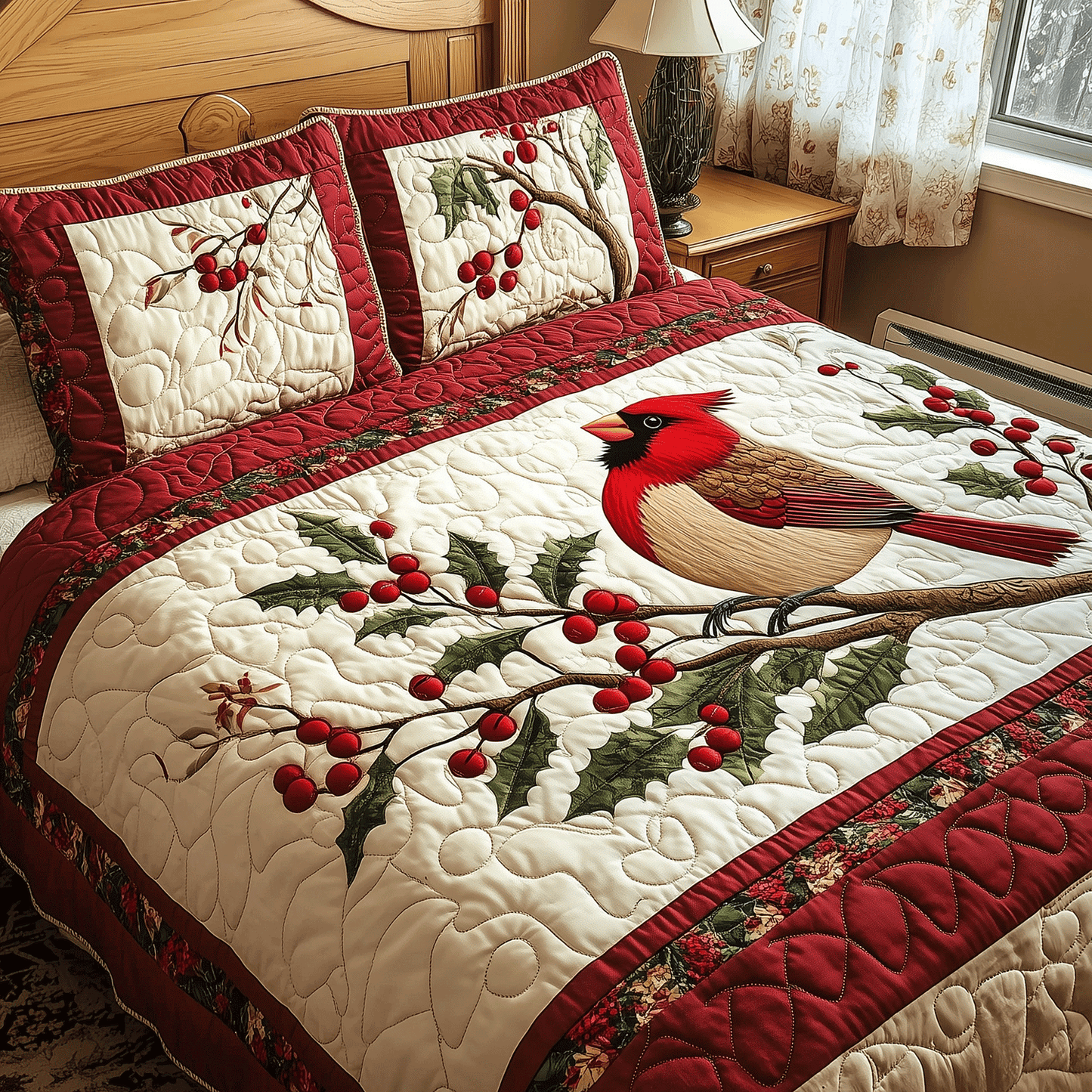 Winter Cardinal Bliss 3-Piece Quilted Bedding Set - Single (59" x 70")