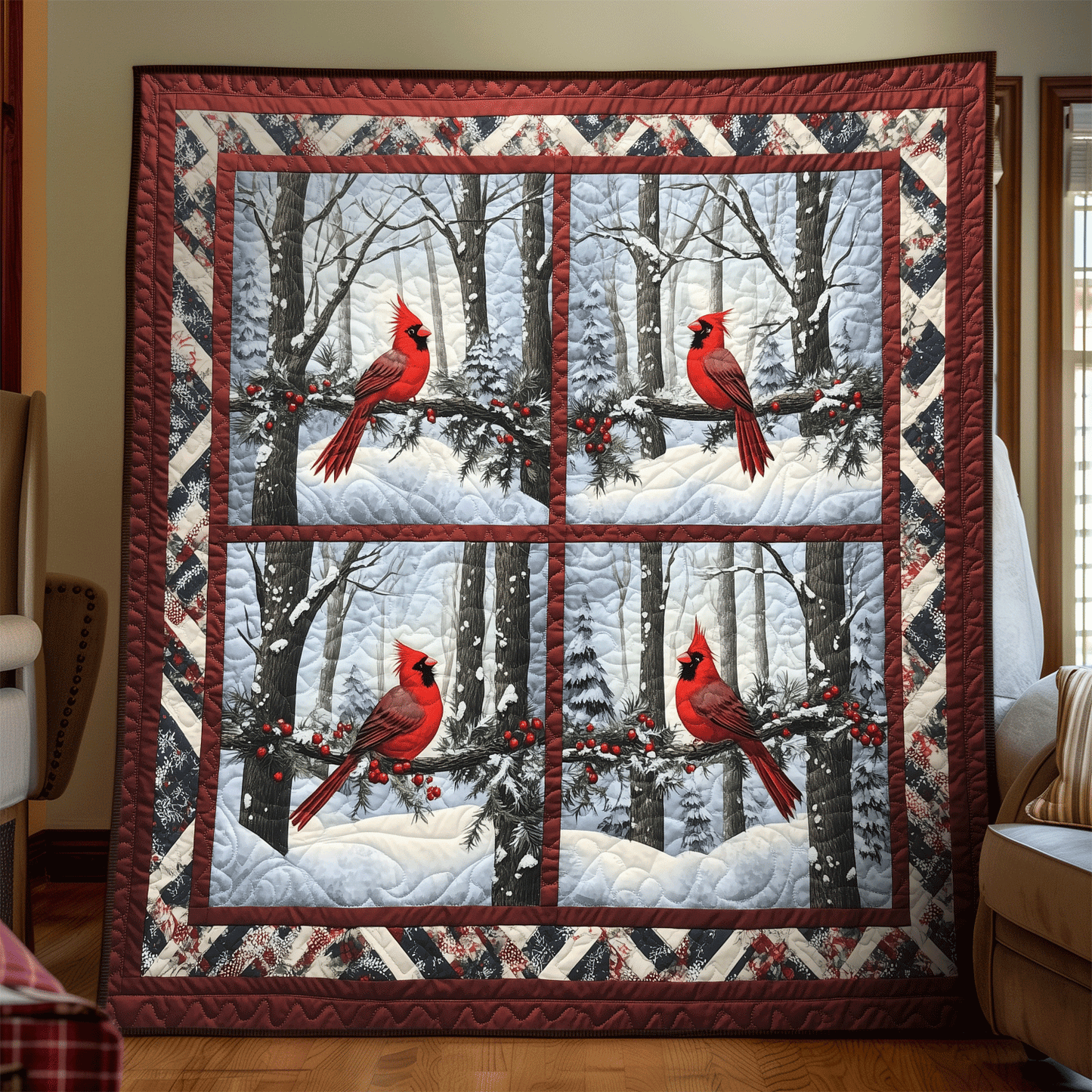 Winter Cardinal Quilted Blanket - Throw (55" x 60")