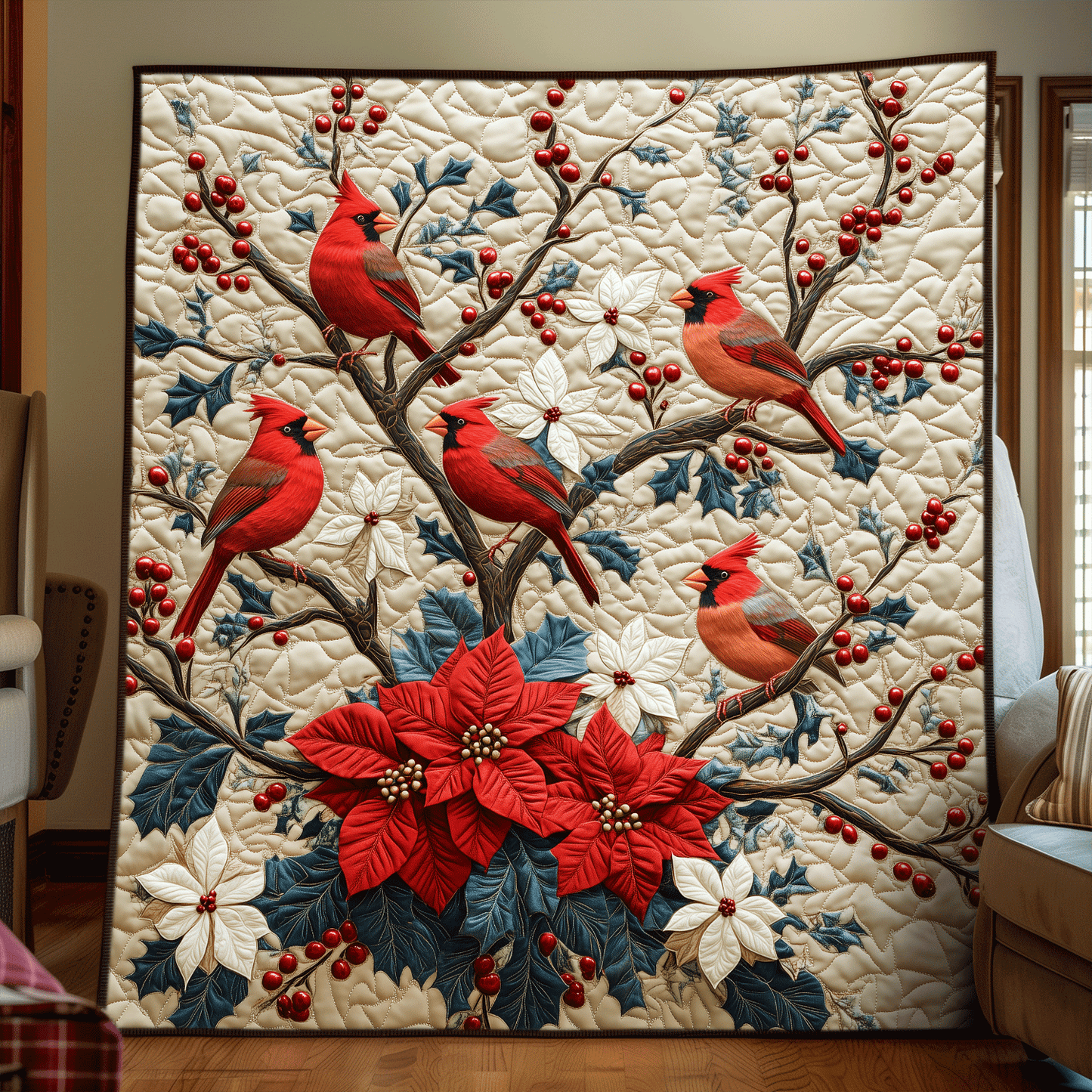 Winter Cardinal Tree Quilted Blanket - Throw (55" x 60")