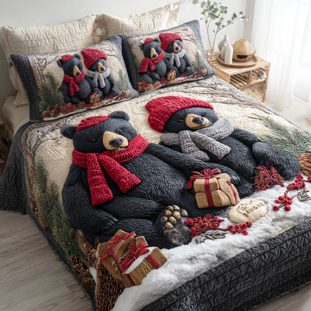 Winter Gathering Bear 3-Piece Quilted Bedding Set - Single (59" x 70")