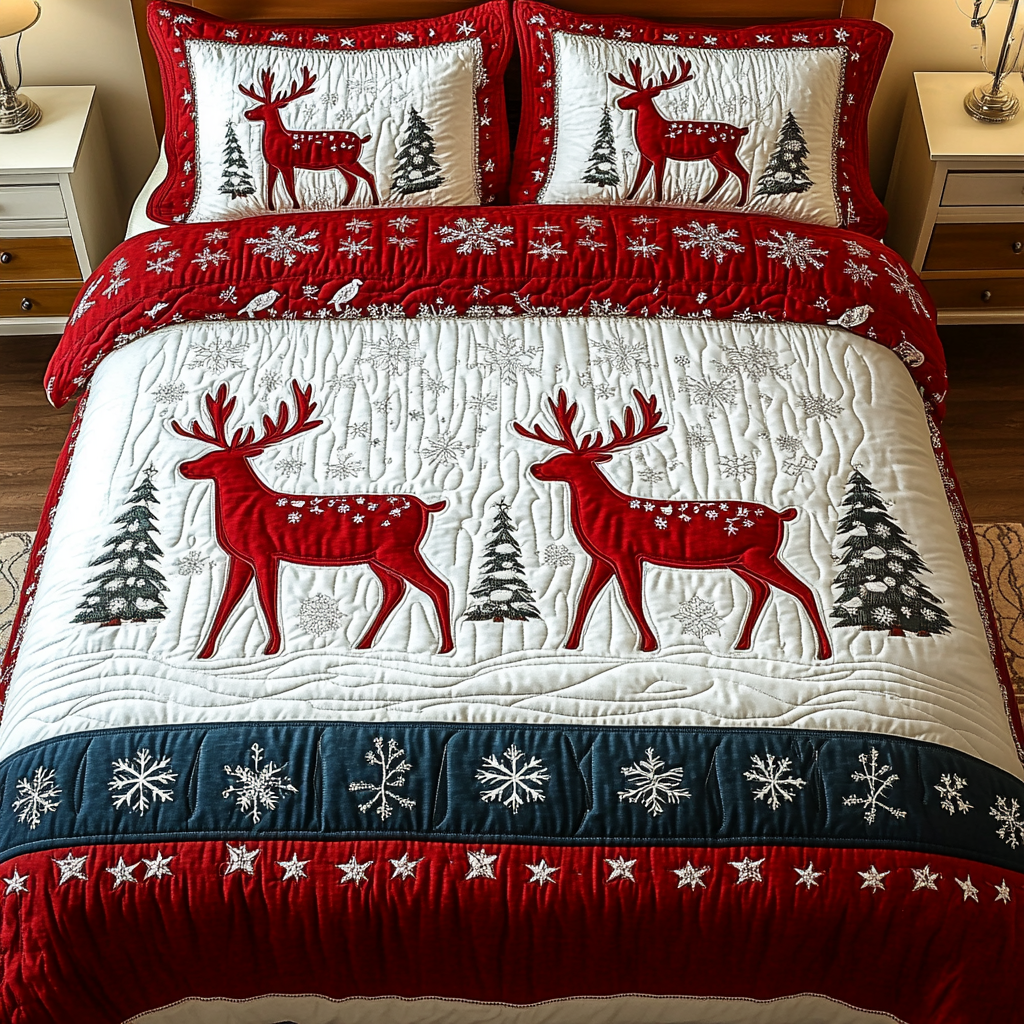 Winter Prancing Delight 3-Piece Quilted Bedding Set - Single (59" x 70")