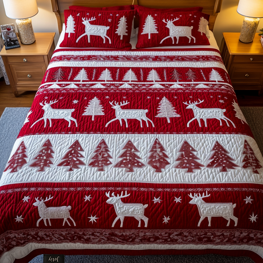 Winter Reindeer 3-Piece Quilted Bedding Set - Single (59" x 70")