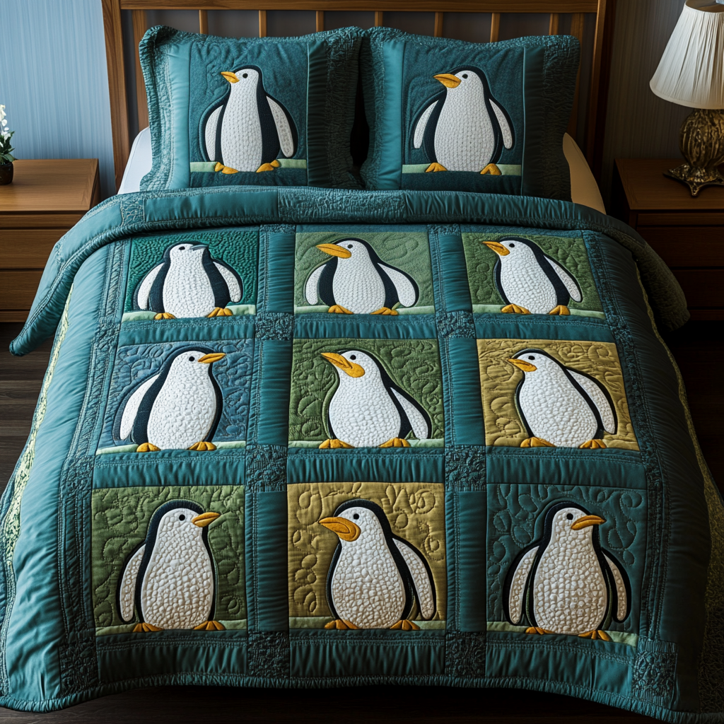 Winter Waddle 3-Piece Quilted Bedding Set - Single (59" x 70")