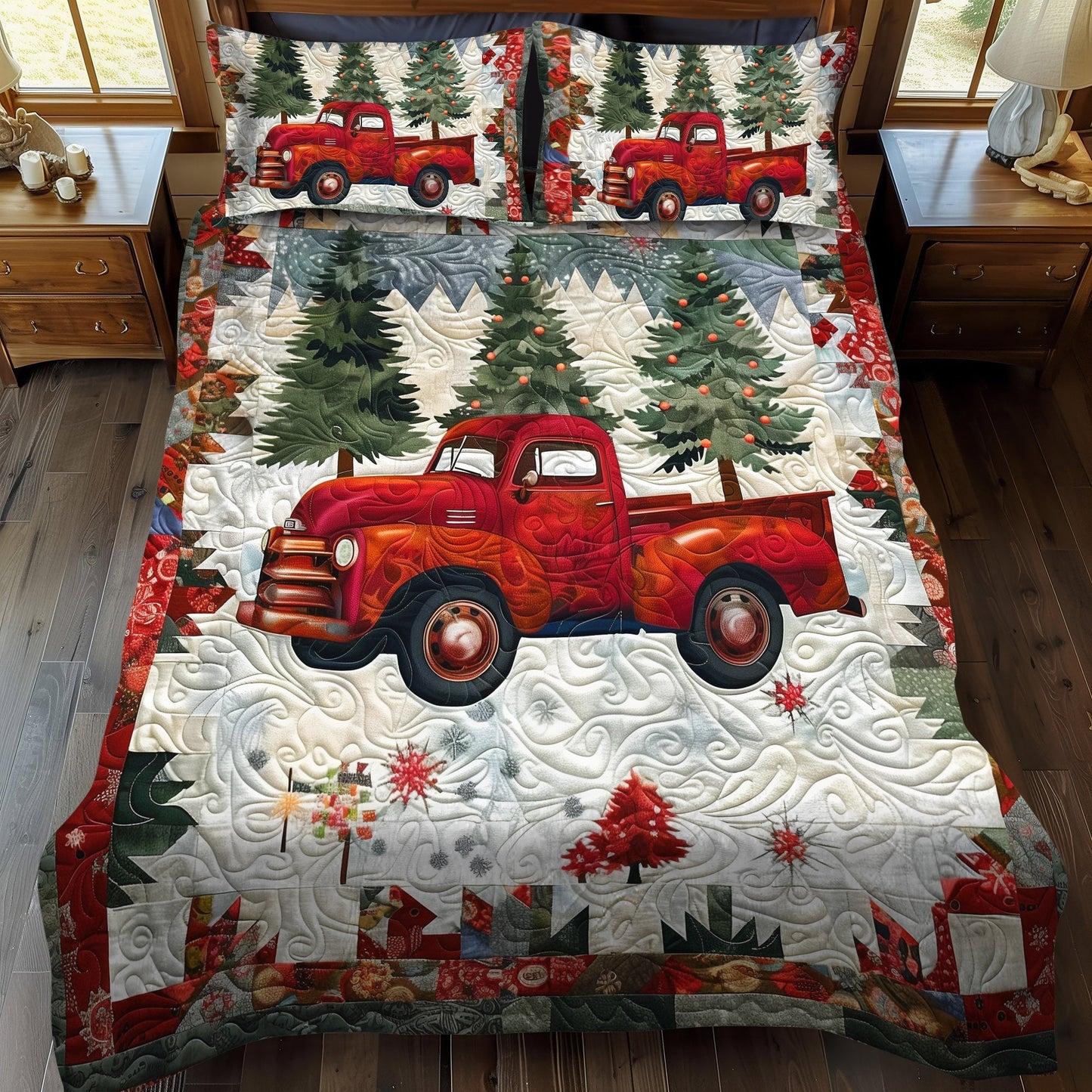 Winter Wonderland Truck Quilted Bedding Set - Single (59" x 70")