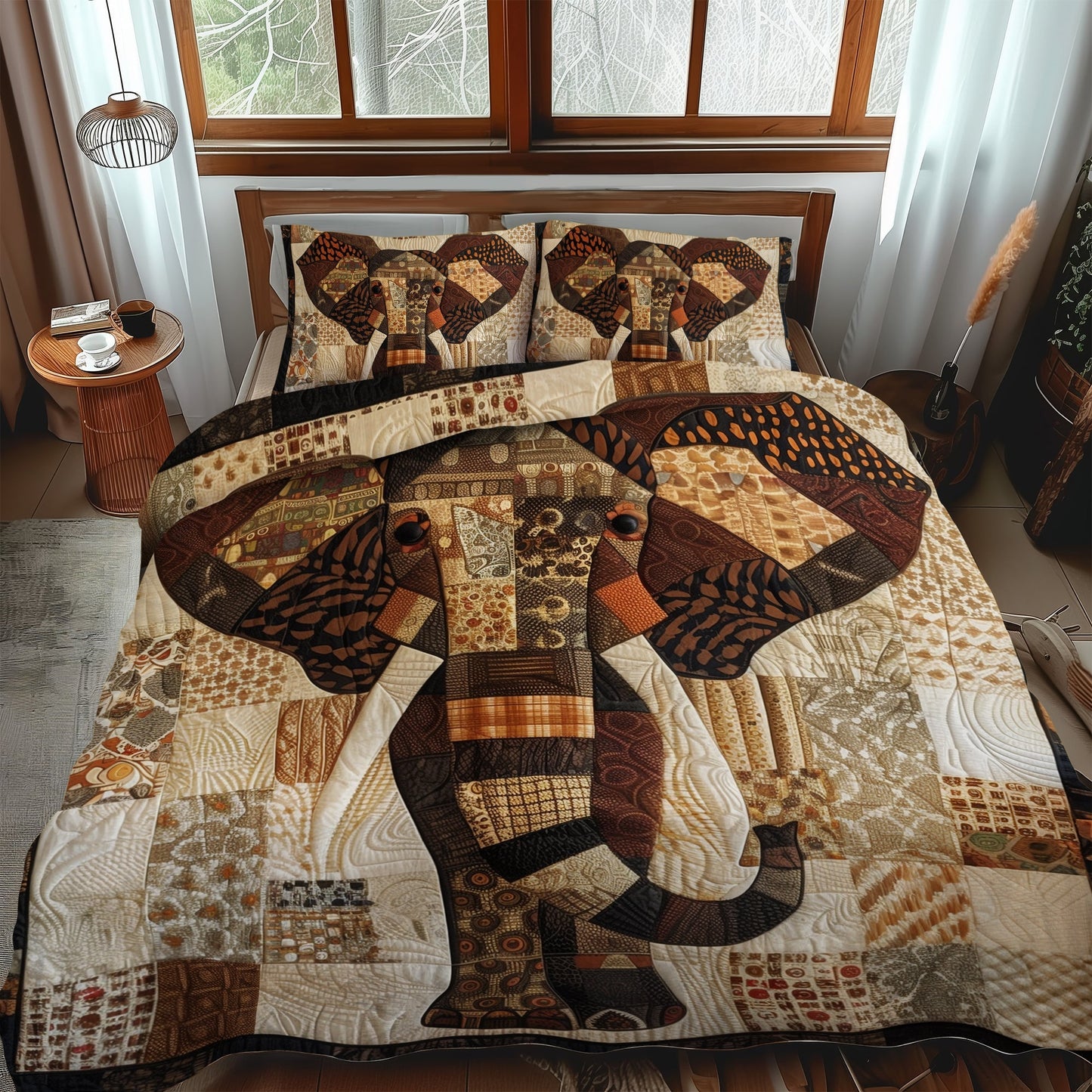 Woodland Harmony Elephant 3-Piece Quilted Bedding Set - Single (59" x 70")