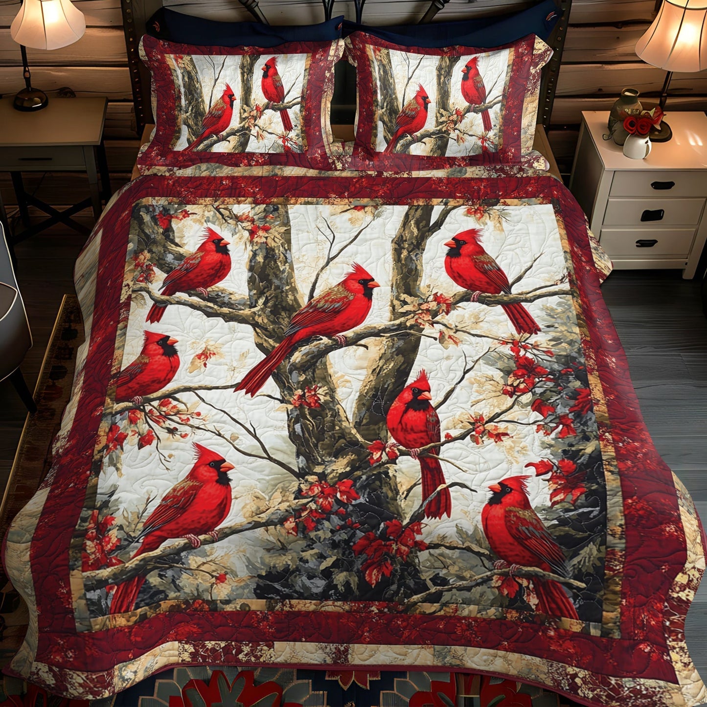 Woodland Redbirds Quilted Bedding Set - Single (59" x 70")