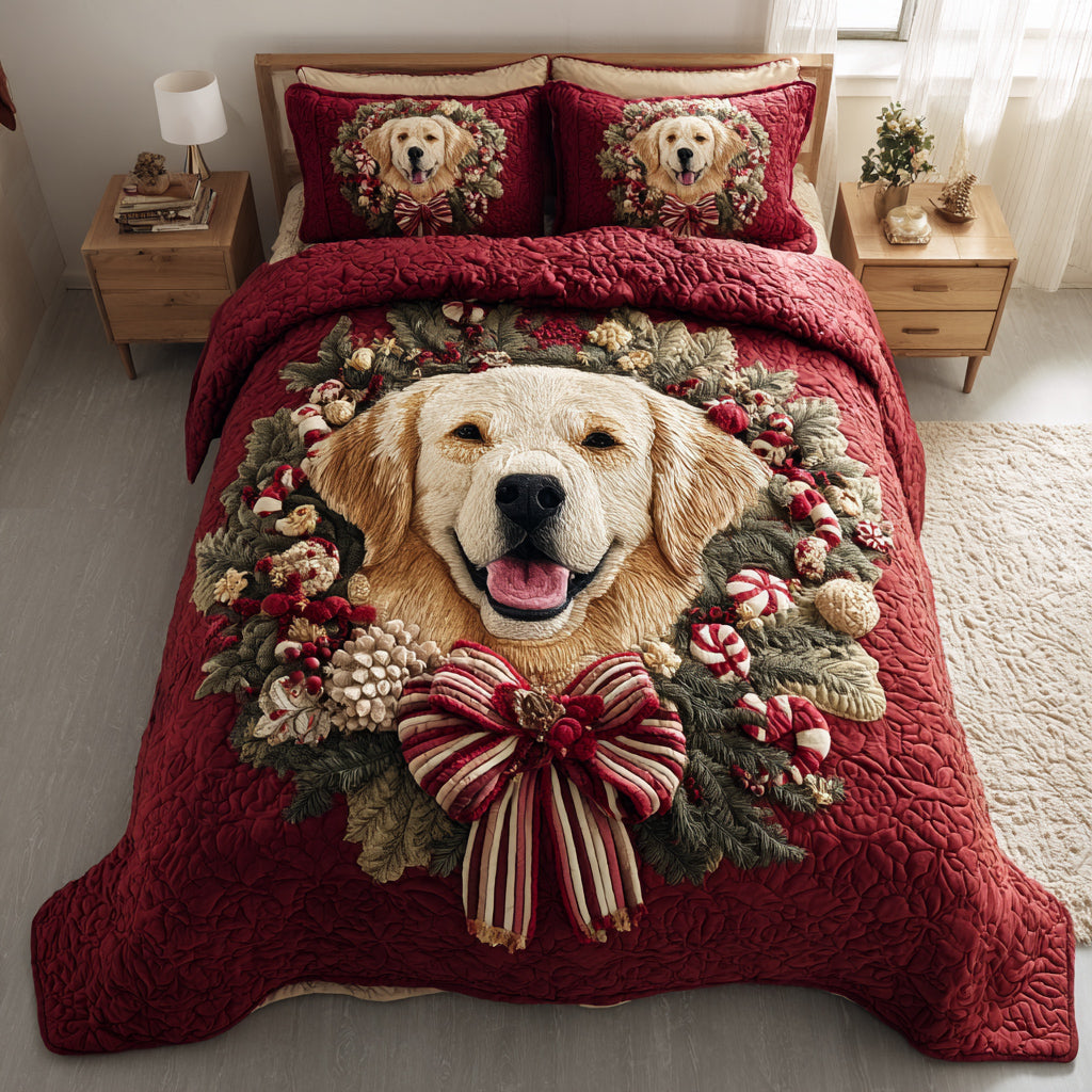 Wreath Golden Retriever 3-Piece Quilted Bedding Set - Single (59" x 70")