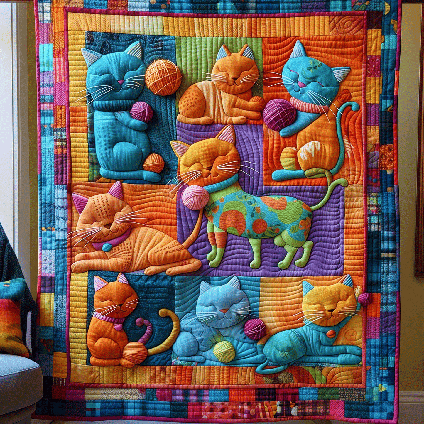 Yarn Play Kittens Quilted Blanket - Throw (55" x 60")