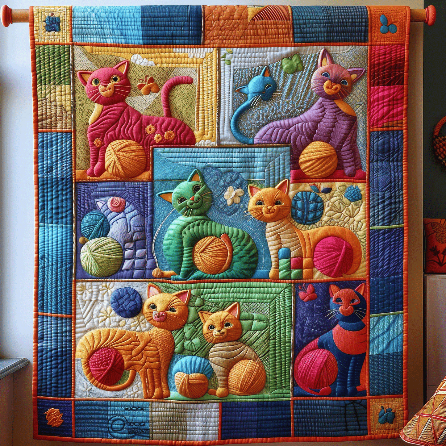 Yarnball Kitties Quilted Blanket - Throw (55" x 60")