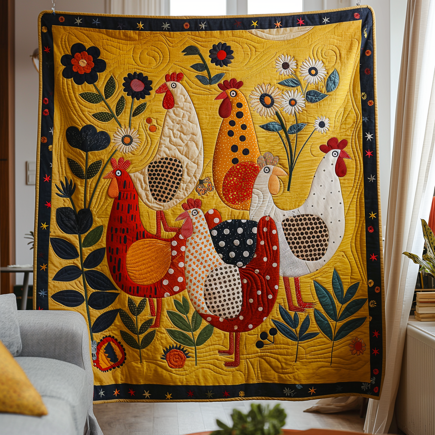 Yellow Daisy Chicken Quilted Blanket - Throw (55" x 60")