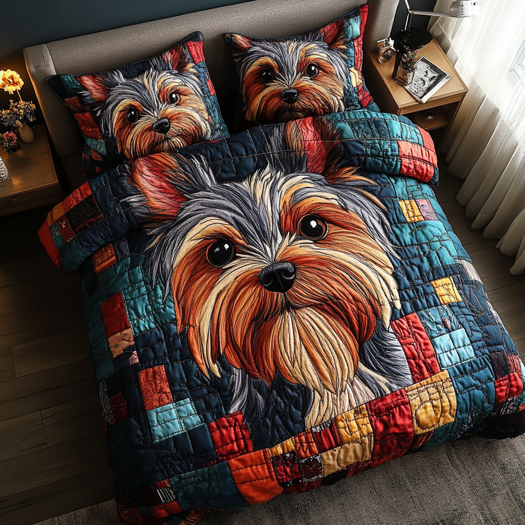 Yorkie Whimsy 3-Piece Quilted Bedding Set - Single (59" x 70")
